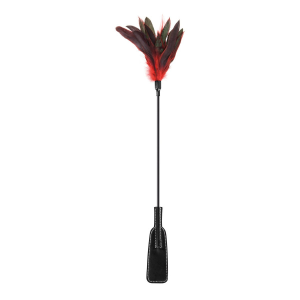 Cravache noire bdsm avec plumes noires rouges 